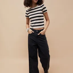 Ginger by Lifestyle Women Horizontal Stripes Striped Round Neck Fitted Top image 3