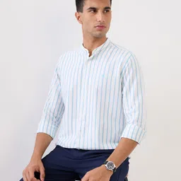 Raymond Vertical Striped Mandarin Collar Cotton Linen Casual Shirt image 2