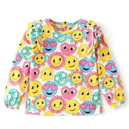 Babyhug 100% Cotton Knit Full Sleeves Top With Frill Detailing Emoji Print - Off White-picture-18