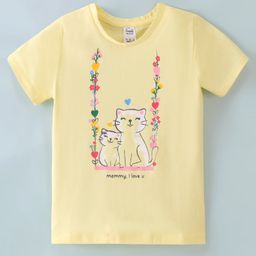 Simply Sinker Cotton Knit Half Sleeves Kitten Printed T-Shirt -Yellow-picture-3