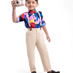 Ollington St. 100% Cotton Woven Full Sleeves Printed Shirt & Twill Pants Set With Bow & Suspender - Blue-picture-38