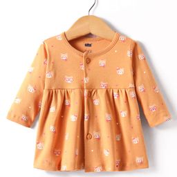 Simply Interlock Full Sleeves Front Open Frock with Teddy Print - Orange-picture-41