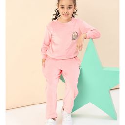 stylobug Stylo Bug Velvet Full Sleeves Woods Text Patch Detailed Tee With Coordinating Track Pant - Peach-picture-36