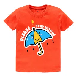 KAVEE Pure Cotton Half Sleeves Please Stay With Me Text & Umbrella Printed Bio Washed Tee - Orange-picture-13