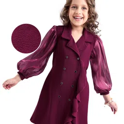 Hola Bonita Knit Full Sleeves Solid Coloured Dress With Collar Neck & Frill Detailing - Maroon-picture-24