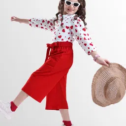 ollington st. OLLINGTON ST.Cotton Knit Full Sleeves Hearts Printed Top & Pant Set With Belt - Red & White image 1