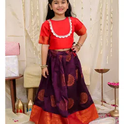 KID1 Silk Woven Half Sleeves Peacock Foil Printed & Gota Lace Embellished Lehenga Choli Set - Red & Purple-picture-20