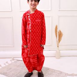 Twisha Cotton Woven Full Sleeves Floral Motifs Printed Kurta Dhoti - Red-picture-42