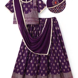 EARTHY TOUCH Single Jersey Knit Half Sleeves Choli Lehenga & Dupatta Set With Floral Foil Print - Wine-picture-18