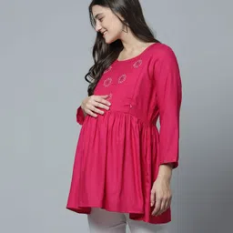Zelena Three Fourth Sleeves Motif Embroidered Yoke & Frill Detailed Maternity Top With Concealed Zipper Nursing Access - Pink image 3