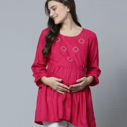 Zelena Three Fourth Sleeves Motif Embroidered Yoke & Frill Detailed Maternity Top With Concealed Zipper Nursing Access - Pink image 4