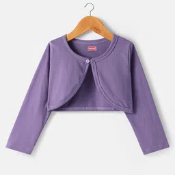 babyhug Babyhuhg Cotton Knit Floral Printed Frock with Full Sleeves Solid Color Shrug & Bow Applique - Purple image 3