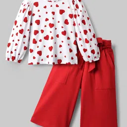 ollington st. OLLINGTON ST.Cotton Knit Full Sleeves Hearts Printed Top & Pant Set With Belt - Red & White image 3