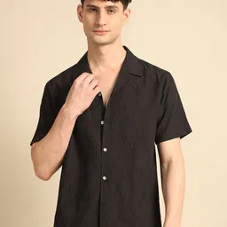 Voroxy Men Relaxed Cuban Collar Textured Polycotton Casual Shirt-image-61