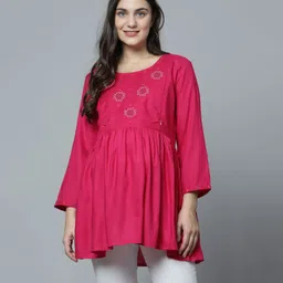 Zelena Three Fourth Sleeves Motif Embroidered Yoke & Frill Detailed Maternity Top With Concealed Zipper Nursing Access - Pink image 5