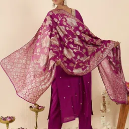 Indo Era Floral Embroidered V-Neck Regular Straight Kurta With Trousers & Dupatta image 3