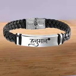 M Men Style Silver-Plated Stainless Steel Hanuman Braided Leather Wraparound Bracelet image 1