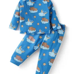 Babyhug Cotton Knit Full Sleeves Bear Printed Night Suit -Blue-picture-21