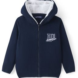 Pine kids Knitted Full Sleeves Hooded Front Open Sweater with Text Embroidery - Navy Blue-picture-2