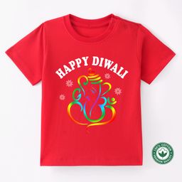 BLUSHES Diwali Theme 100% Cotton Half Sleeves Happy Diwali Text Printed Tee - Red-picture-49