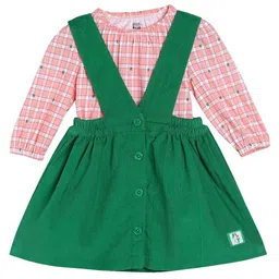 MINI KLUB Cotton Play Text Patch Detailed Pinafore Dress With Full Puffed Sleeves Checked Top - Green-picture-14