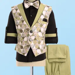 Rikidoos Full Sleeves Solid Shirt With Abstract Printed Waistcoat Pant & Bow Set - Black & Pista Green-picture-14