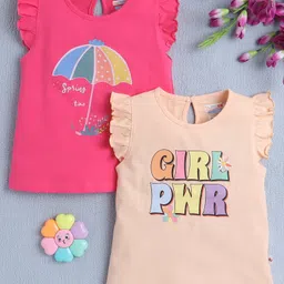 BUMZEE Cotton Knit Frill Sleeves T-Shirts Girl Power Text Print Pack Of 2 - Pink & Dark Pink-picture-25