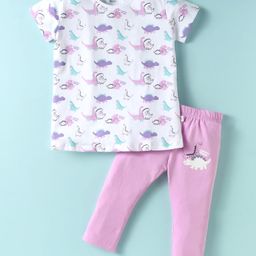 CUCUMBER Cotton Knit Half Sleeves Night Suit With Dino Print - White & Purple-picture-3