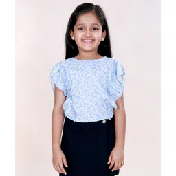 Kiddopanti Rayon Woven Frill Sleeves Floral Printed Top - Blue-picture-17