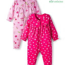 Babyoye 100% Cotton Knit with Eco Jiva Finish Full Sleeves Front Open Rompers with Bow Applique Floral & Heart Print Pack of 2 - Pink-picture-25
