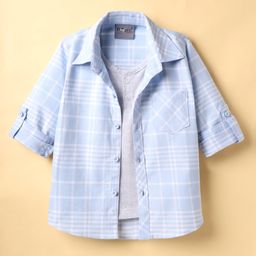 Dapper Dudes Full Sleeves Checked Shirt With Attached Tee - Sky Blue-picture-1