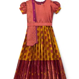 Bhartiya Paridhan Woven Half Sleeves Ethnic Dress With Dupatta Set & Floral Print - Yellow-image-1