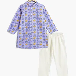 Campana 100% Cotton Woven Full Sleeves Floral Printed Kurta Pyjama Set - Blue & Yellow-picture-35