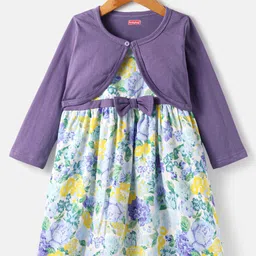 babyhug Babyhuhg Cotton Knit Floral Printed Frock with Full Sleeves Solid Color Shrug & Bow Applique - Purple image 2