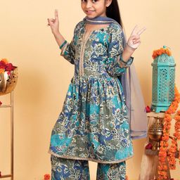 YK X Trampoline Girls Floral Printed Regular Gotta Patti Pure Cotton Kurta with Palazzos & With Dupatta-picture-6