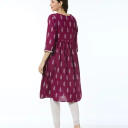 Bella Mama Viscose Woven Three Fourth Sleeves Floral Printed Maternity Kurta With Embroidery & Pocket - Wine image 5