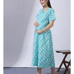 Blush 9 Cotton Woven Half Sleeves Floral Printed Maternity Nighty With Front Zipper Access - Blue image 5