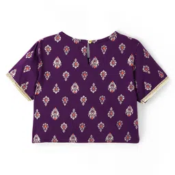 EARTHY TOUCH Single Jersey Knit Half Sleeves Choli Lehenga & Dupatta Set With Floral Foil Print - Wine image 4