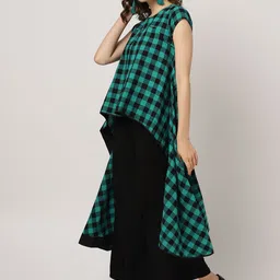 MBE Women Green & Black Checked High-Low A-Line Kurta image 3