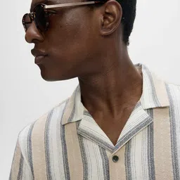 Marks & Spencer Men Vertical Striped Cuban Collar Pure Cotton Casual Shirt image 4