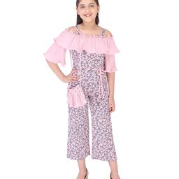 Cutecumber Three Fourth Sleeves Pleated All Over Floral Print Jumpsuit With Sling Bag - Pink-picture-3