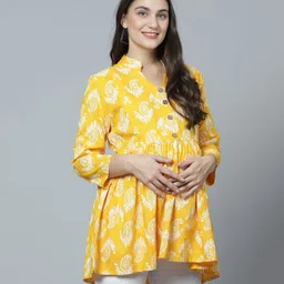 Zelena Three Fourth Sleeves All Over Paisley Motif Printed Frill Detailed Maternity Top With Concealed Zipper Nursing Access - Yellow-picture-24