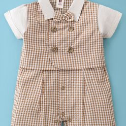 ToffyHouse Cotton Half Sleeves Checkered Romper with Bow Tie - Light Taupe-picture-17