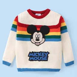 Babyhug Disney Knitted Full Sleeves Pullover Sweater with Stripes & Mickey Mouse Graphics - White-picture-10