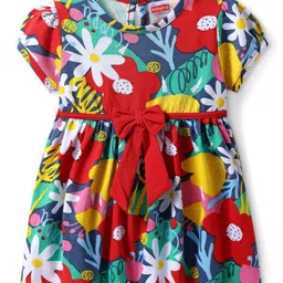 Babyhug Cotton Knit Half Sleeves Floral Printed Frock with Bow Applique -Red-image-88