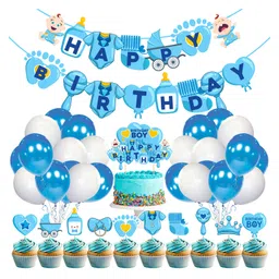 Zyozi Boy Baby Birthday Decoration kit Banner,Cake Topper, Cup Cake Topper and Balloon for Boys Blue & WhitePack Of 37-picture-54