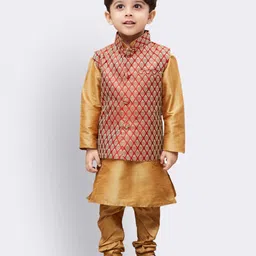 JBN Creation Silk Full Sleeves Solid Coordinating Kurta & Pyjama With Ethnic Motifs Foil Printed Nehru Jacket Set - Maroon & Gold-image-84