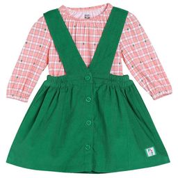 MINI KLUB Cotton Play Text Patch Detailed Pinafore Dress With Full Puffed Sleeves Checked Top - Green-picture-40