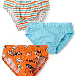 Honeyhap Premium 100% Cotton Knit Bio Finish Briefs with Stripes & Skate Board Print Pack of 3 - Tangerine Blue Radiance & Bright White-picture-18