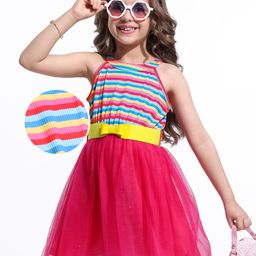Hola Bonita Knit Sleeveless Halter Neck Striped Frock With Belt - Dark Pink-picture-44